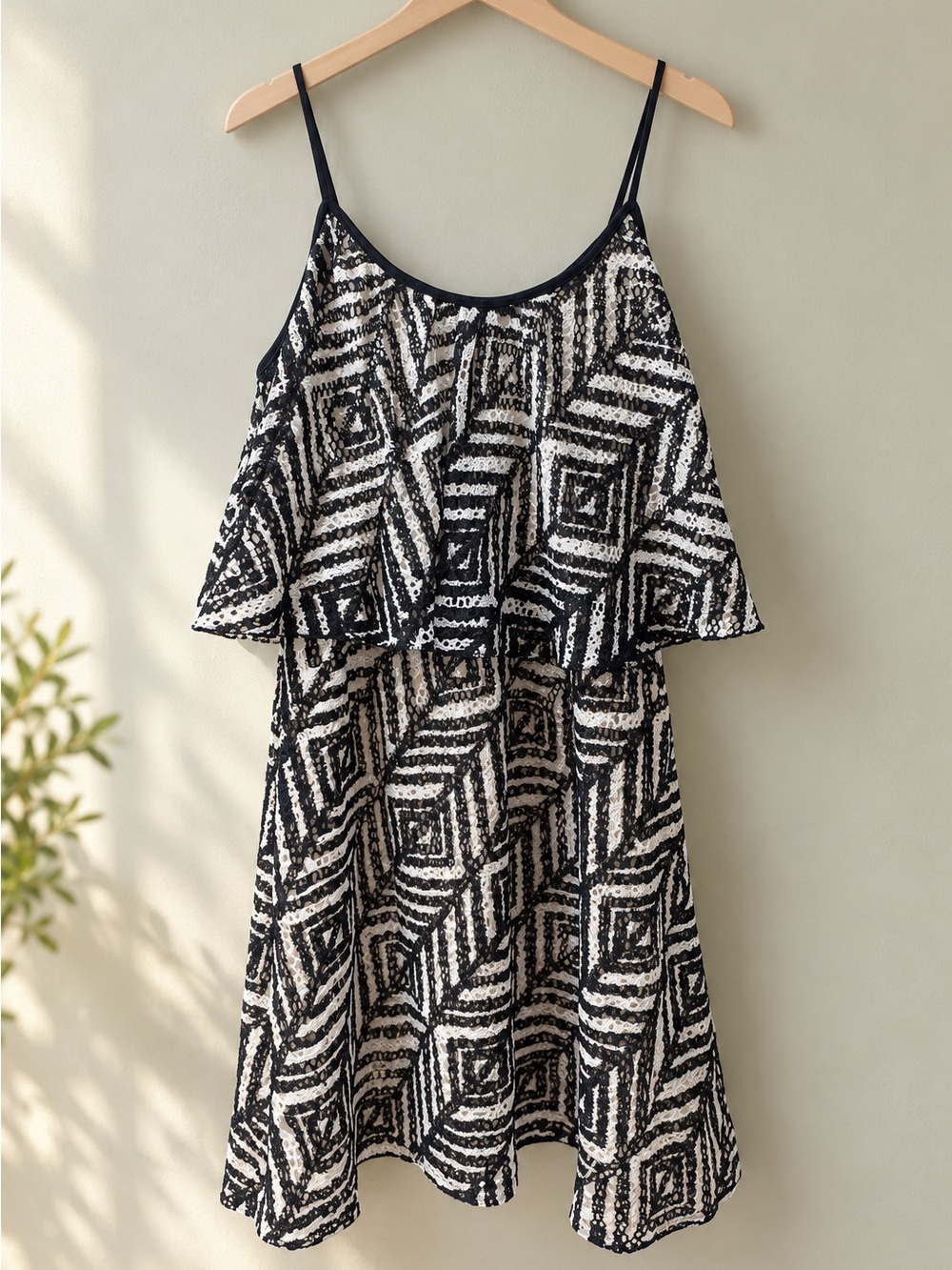 HeartSoul Black & White Geometric Layered Sundress with Spaghetti Straps